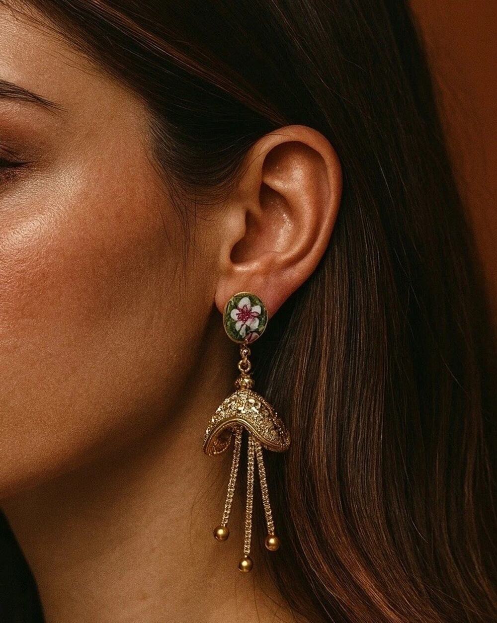Jellyfish Flower Earrings Museum Gold CZ 18k VTG Mushroom Revival Boho Chain CZ